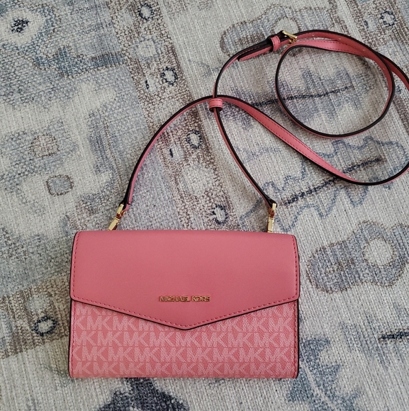 Michael Kors Handbags - Michael Kors Pink Signature Coated Canvas and Leather Envelope Flap Clutch